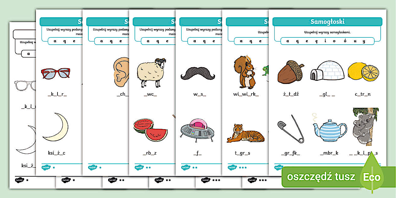 Samogłoski | Uzupełnij wyrazy samogłoskami | Karta pracy