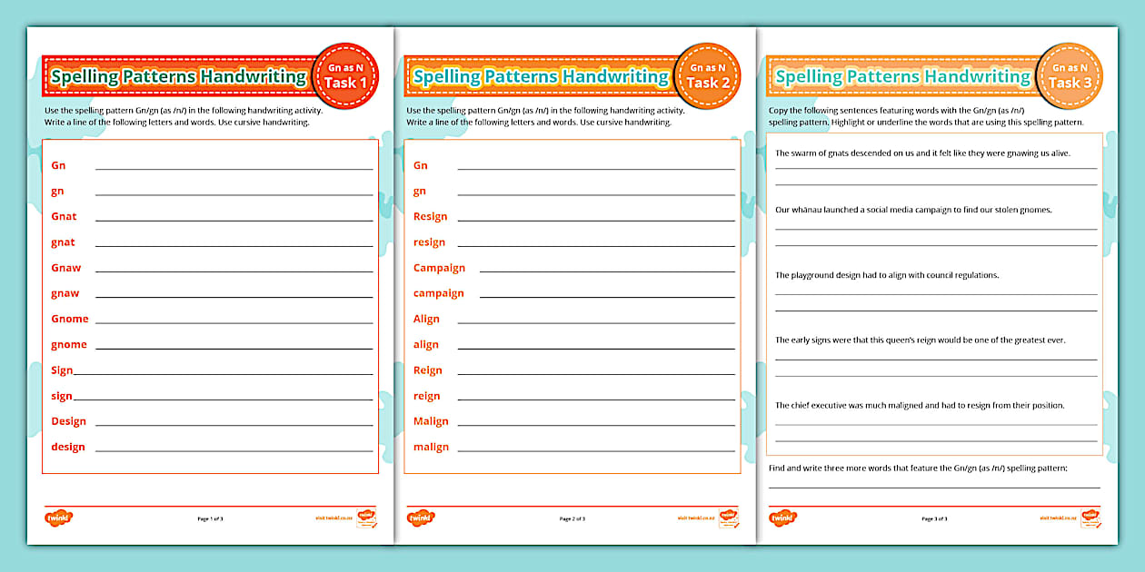 Year 7 8 Gn/gn (as n) Spelling Patterns Handwriting Twinkl