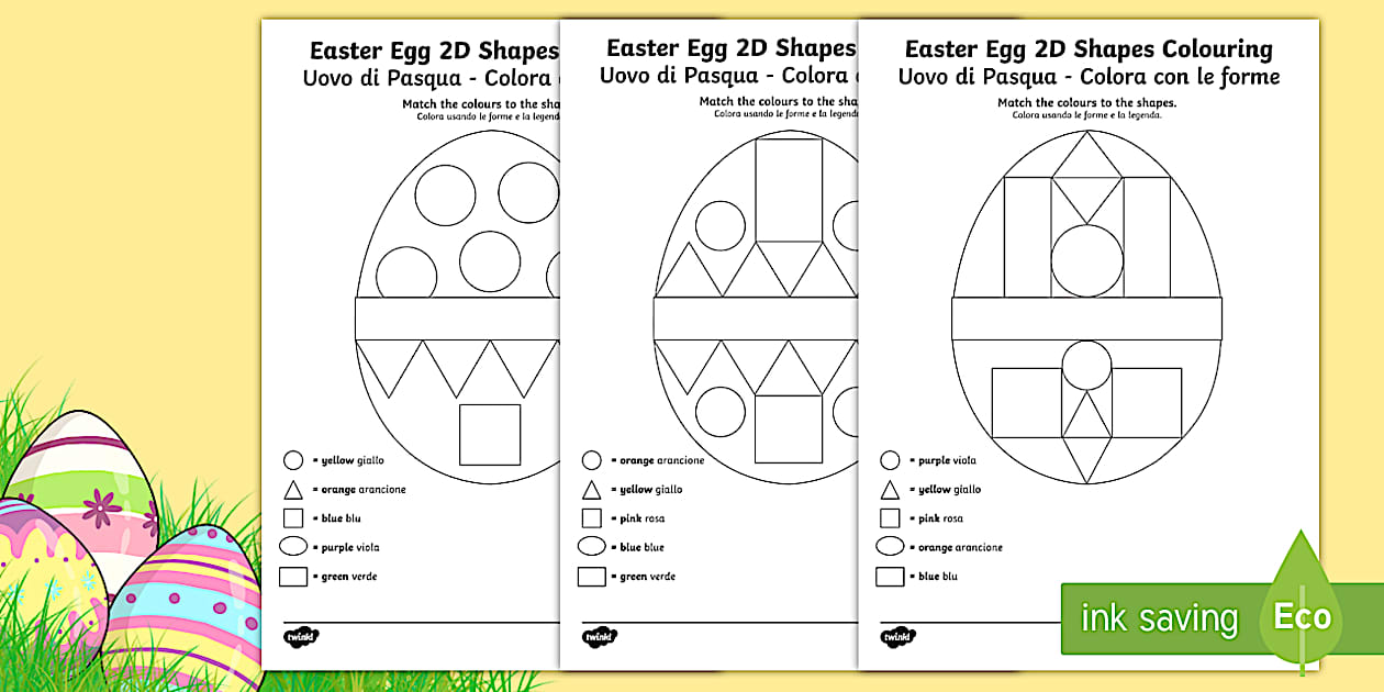 Easter Egg Colour by 2D Shapes Worksheet / Worksheets English/Italian