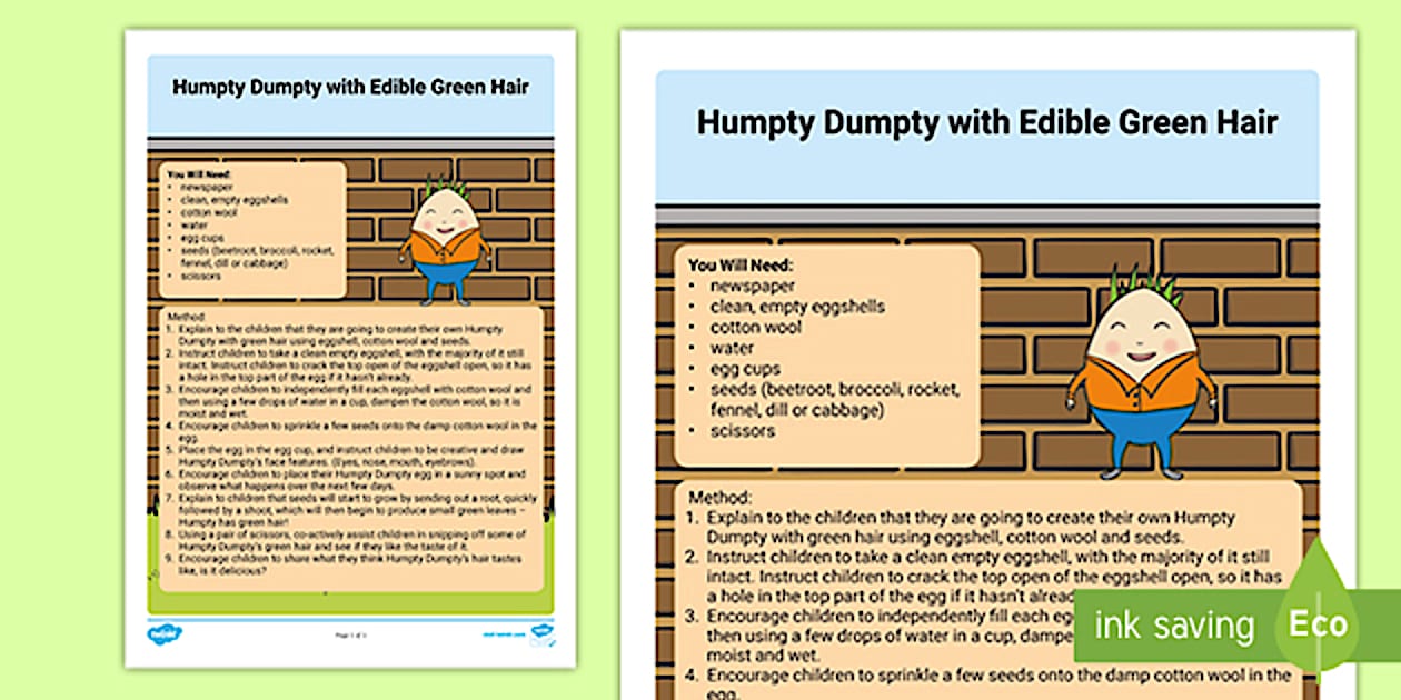 Green Humpty Black and White Humpty Dumpty with Edible Green Hair Activity