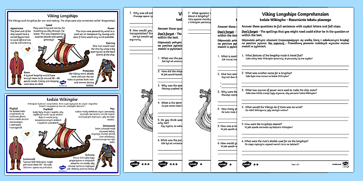 Viking Longships Information and Comprehension Activity English/Polish