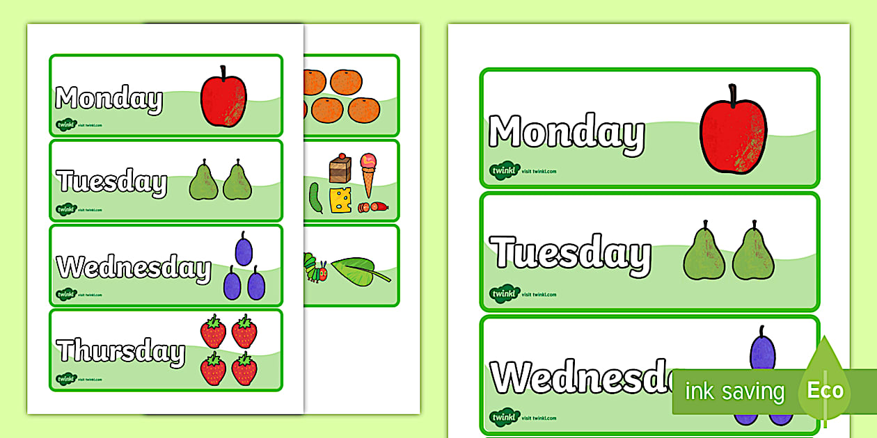 Days of the week word cards to support teaching on the very hungry