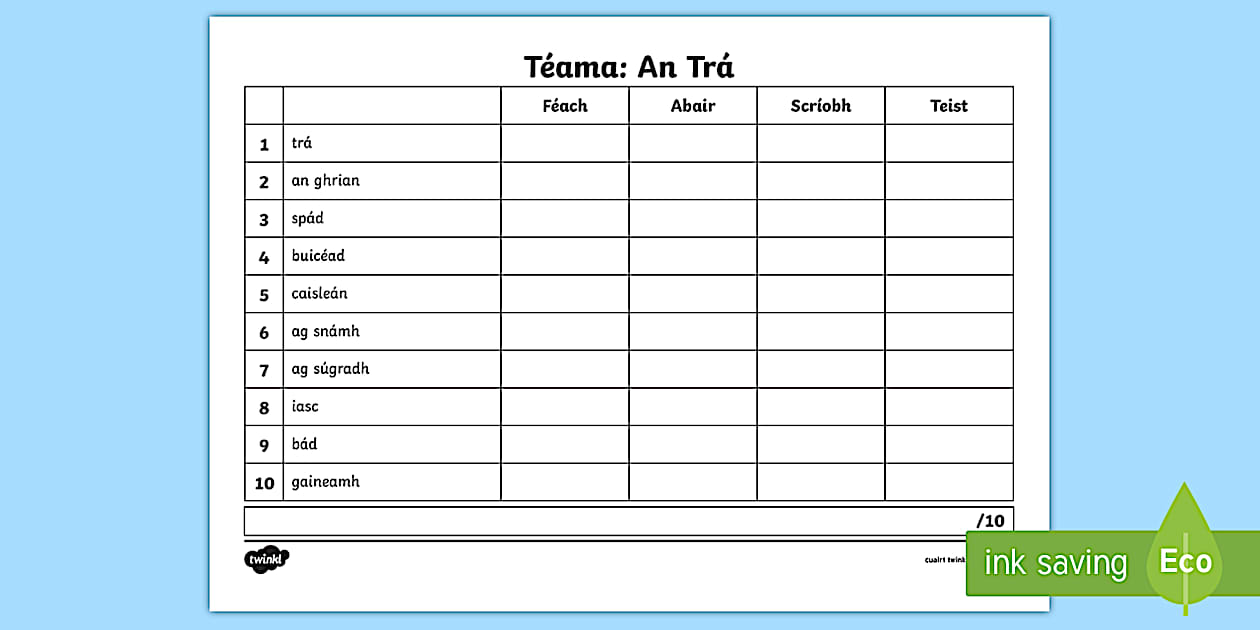 Editable Spelling List An Trá Worksheet Gaeilge - Twinkl