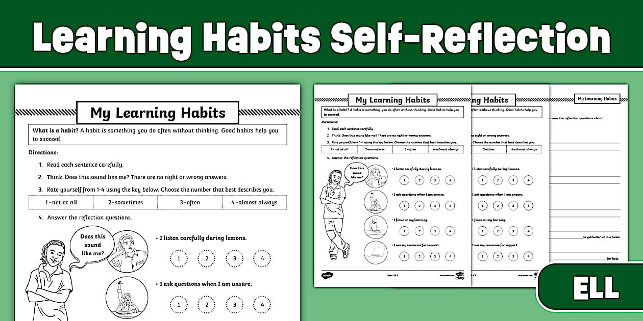 Learning Habits Self-Reflection | Growth Mindset Worksheet