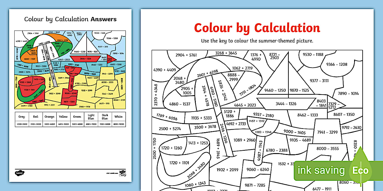 👉 KS2 Summer Themed 4 Digit Addition and Subtraction Colour by Calculation