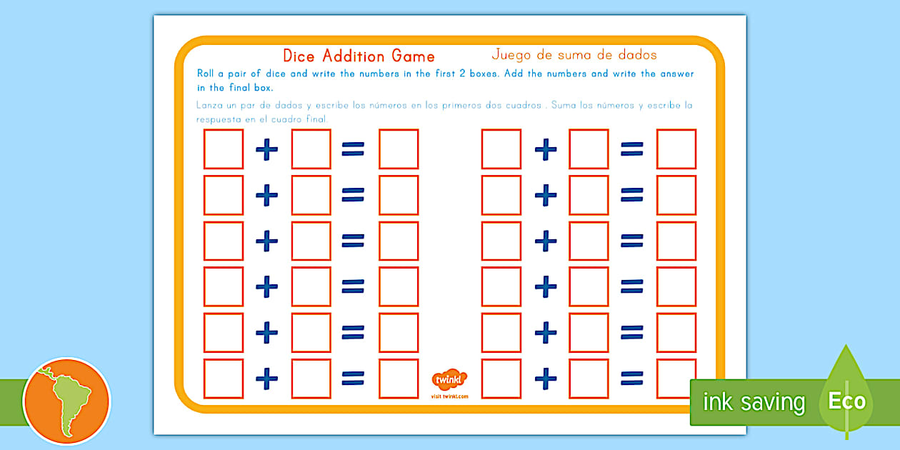 Dice Addition Game - English/Spanish - Twinkl