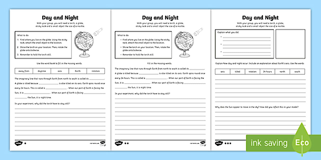 Day and Night Worksheets Earth's Rotation Ages 911