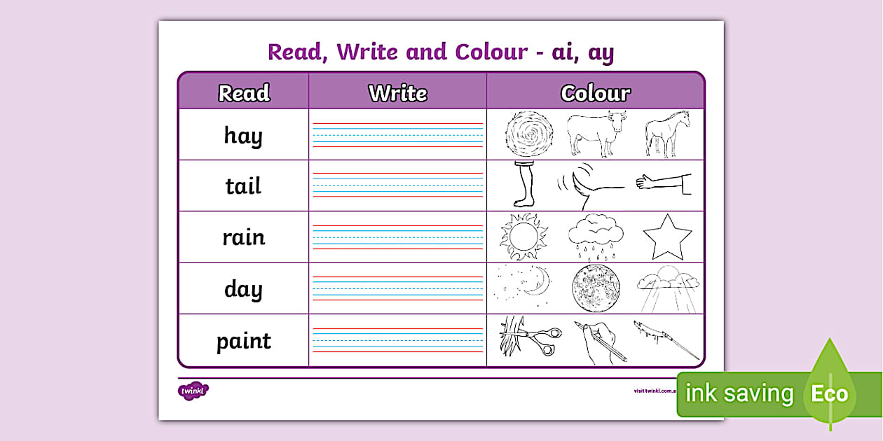 Read Write and Colour Ay and Ai Sound Activity | Phonics