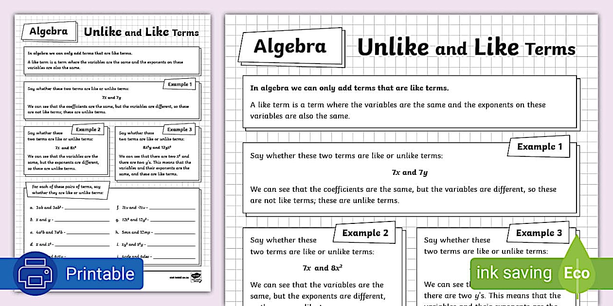 Unlike And Like Terms Algebra Activity Sheet Unlike And Like Terms Algebra Activity Sheet