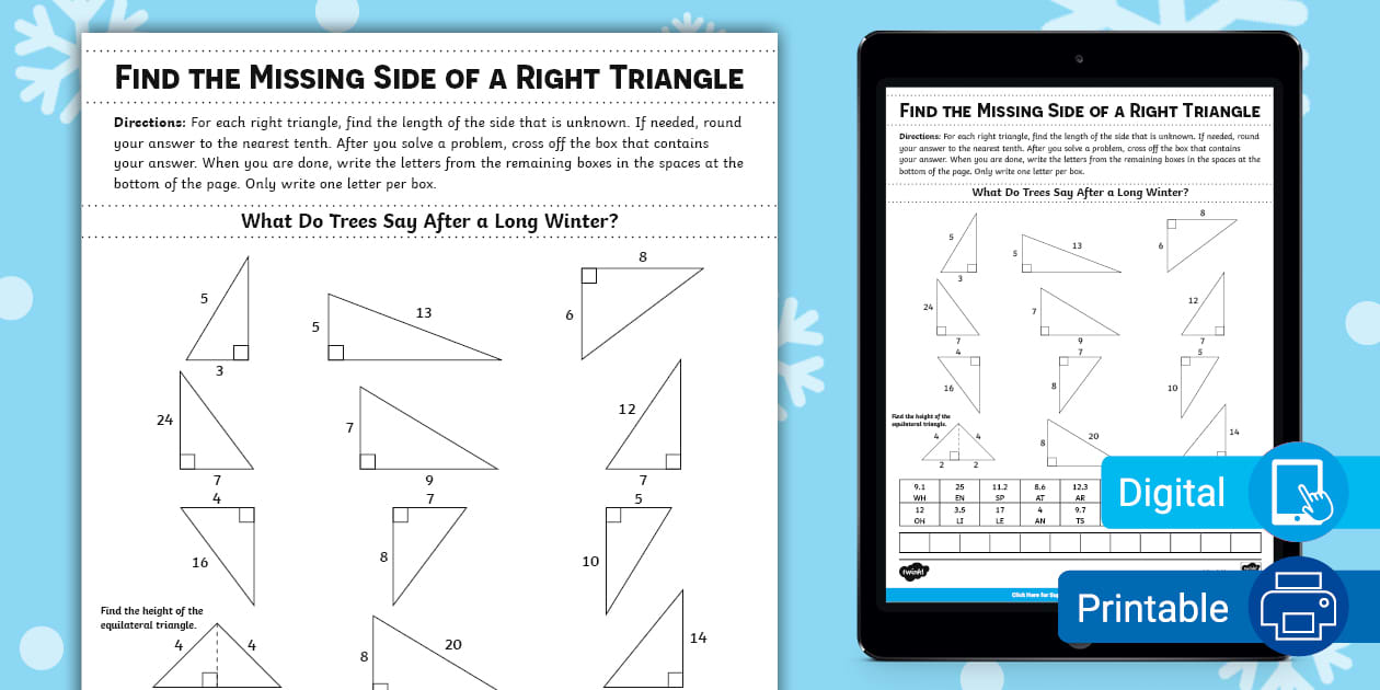 Eighth Grade Find the Missing Side of a Right Triangle Winter Joke ...