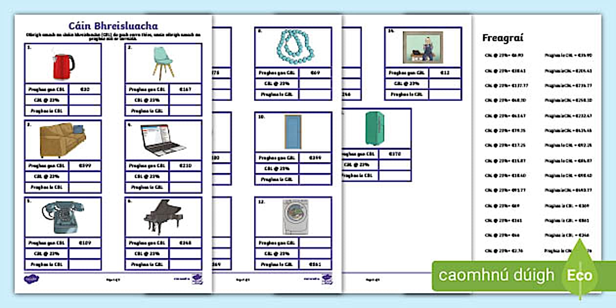 Calculating VAT and Prices Worksheet 1 Gaeilge