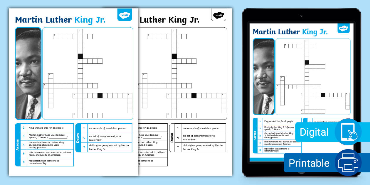 Martin Luther King Jr Crossword for 6th 8th Grade Twinkl