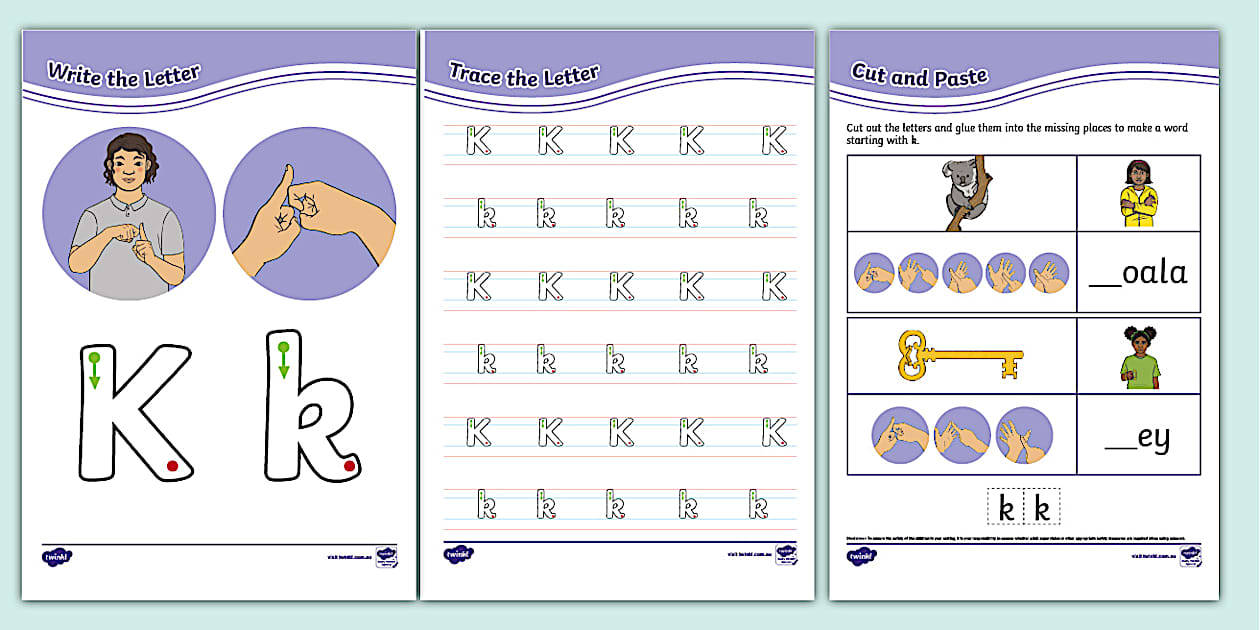 Letter K Handwriting Worksheets with Auslan (teacher made)