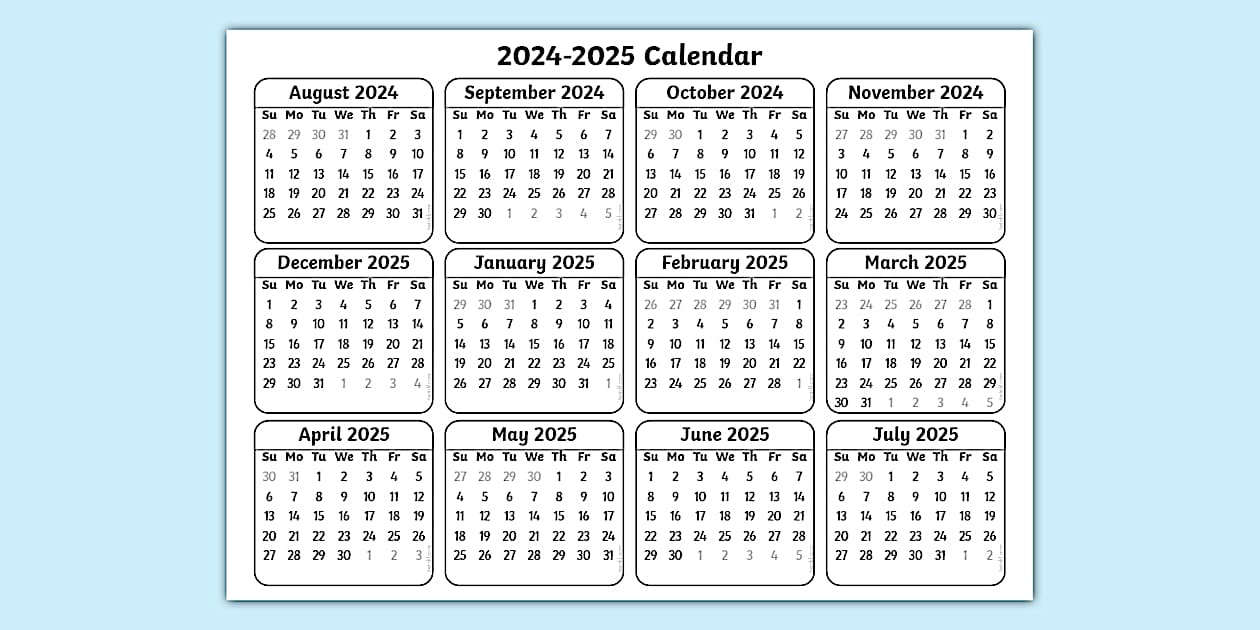 Academic Year 2024 2025 Calendar (Sunday Saturday) Twinkl