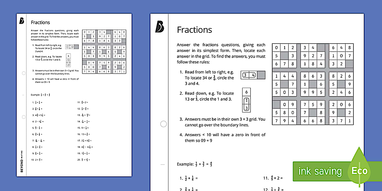Number Search Puzzle: Fractions Four Operations Worksheet