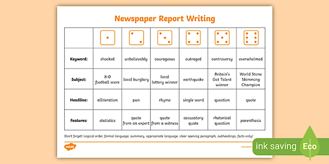 Editable Newspaper Report Writing Dice Activity - Twinkl