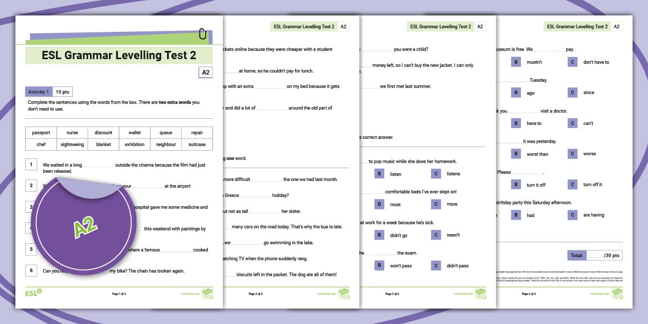 ESL Grammar Levelling Test 2 A2 (teacher made) Twinkl