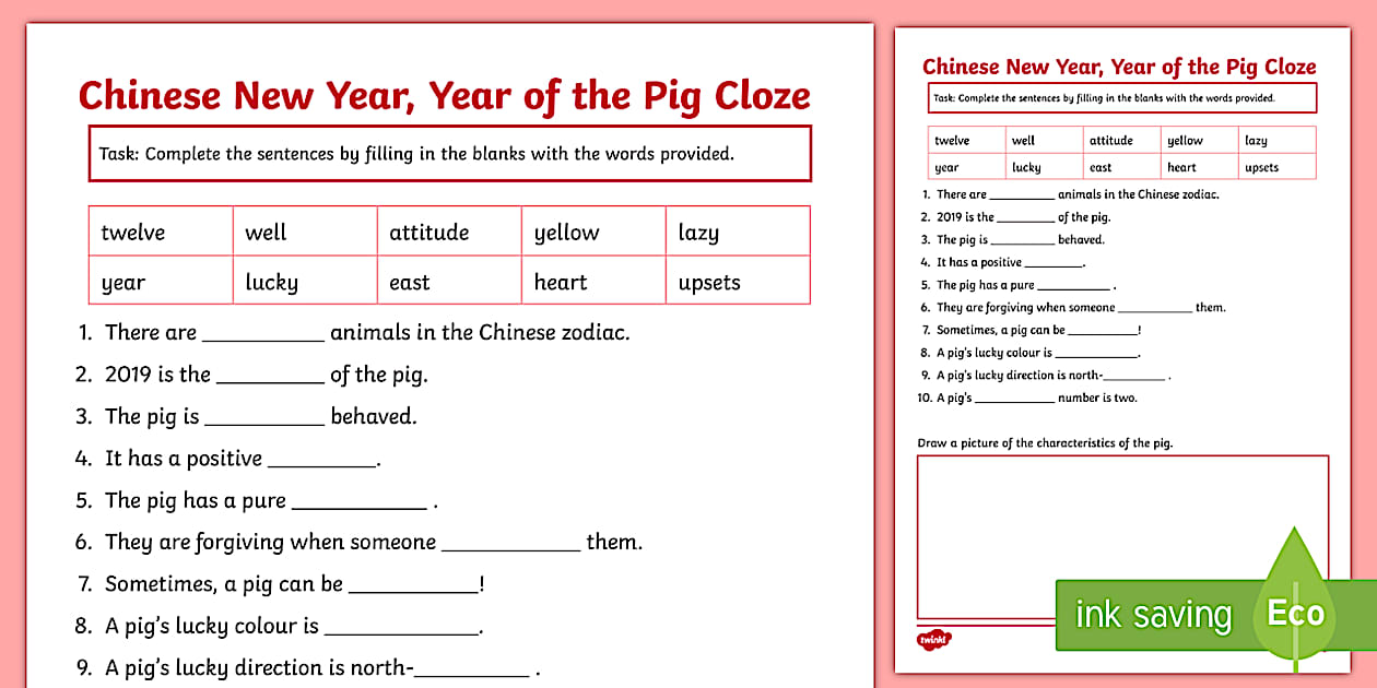 TAS Chinese New Year Cloze Worksheet - Twinkl