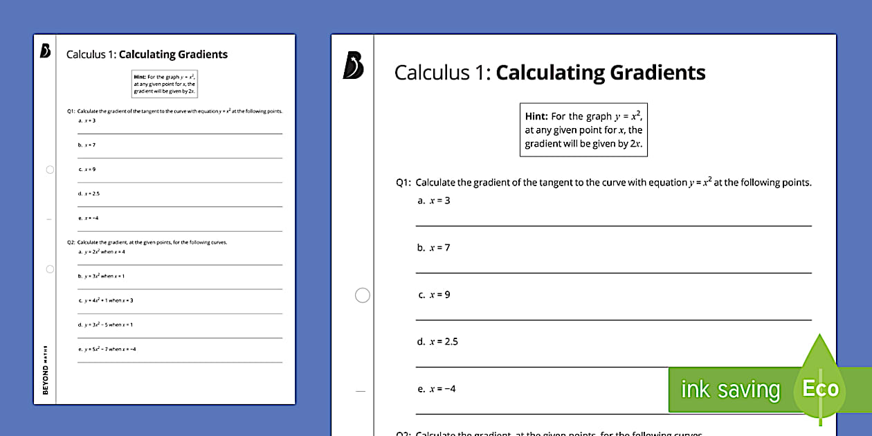 Calculus 1: Calculating Gradients Worksheet - Twinkl