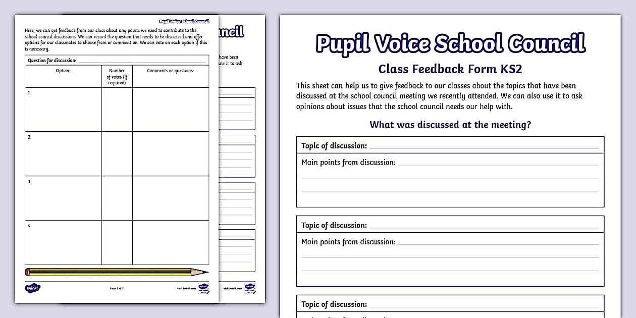 Pupil Voice School Council Class Feedback Form KS2 - Twinkl