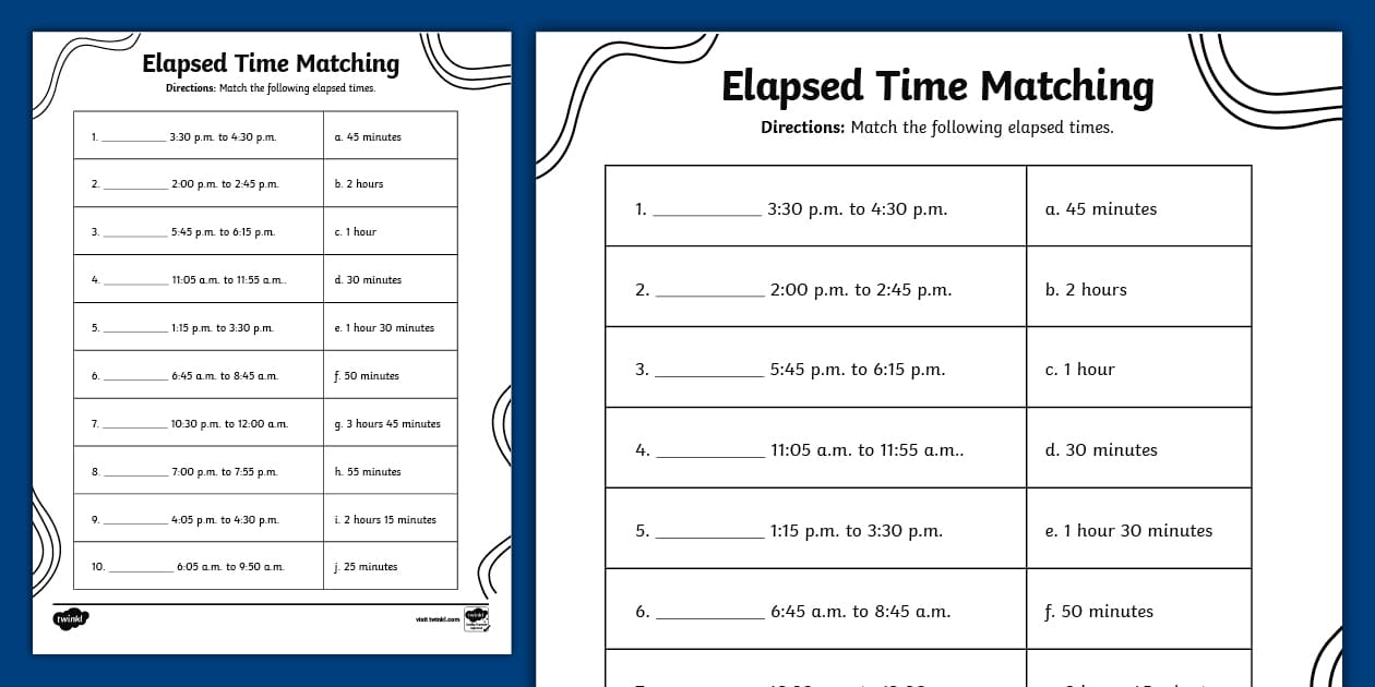 Third Grade Elapsed Time Matching Worksheet (teacher made)