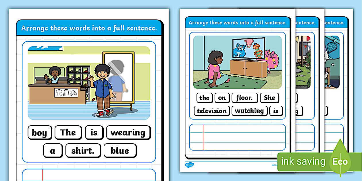 Pale Sentence Black and White Simple Sentence Scramble Worksheet - Twinkl