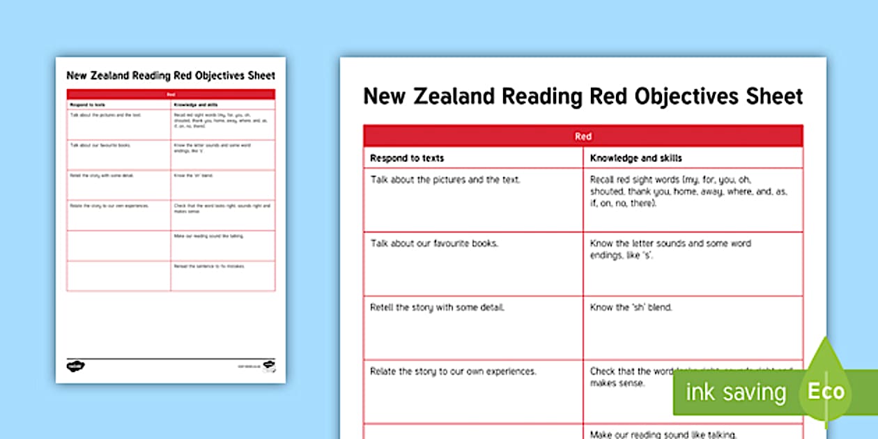 New Zealand Reading Red Objectives Sheet Adult Guidance