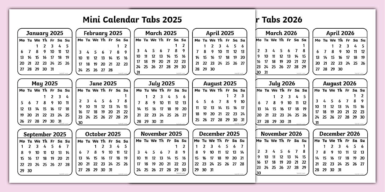 Mini Calendar Tabs 2025 and 2026 Twinkl