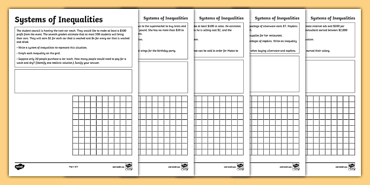 Systems of Inequalities Worksheet Word Problems Twinkl USA
