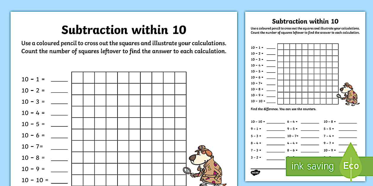 Subtraction Worksheet Subtraction within 10 Activity
