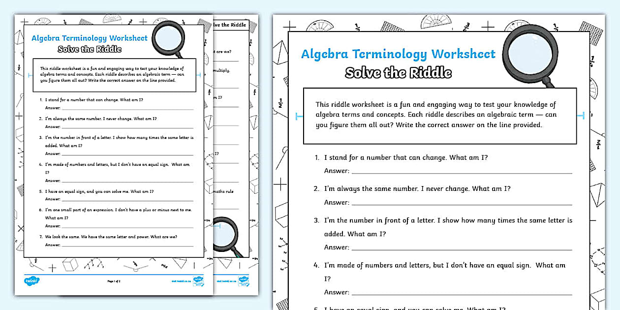 Algebra Terminology Riddle Worksheet (Grades 7&9)