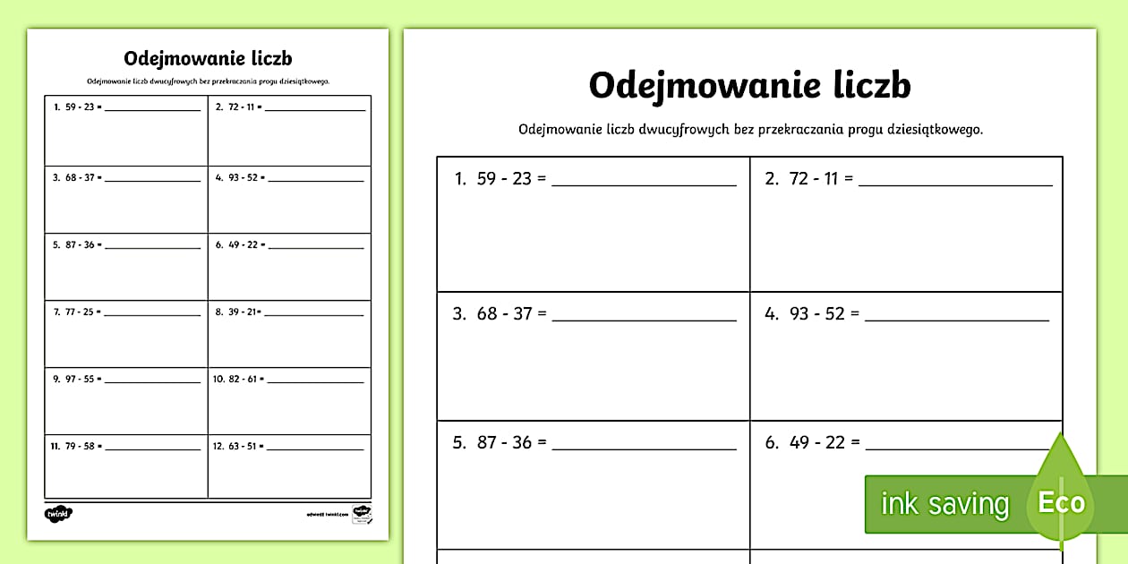 Zapis Słowny Liczb Karty Pracy Klasa 3 Karta pracy Odejmowanie liczb dwucyfrowych (teacher made)