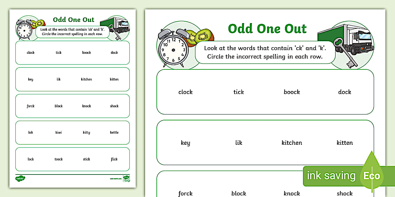 #39 ck #39 and #39 k #39 Spelling Pattern Odd One Out Worksheet Twinkl