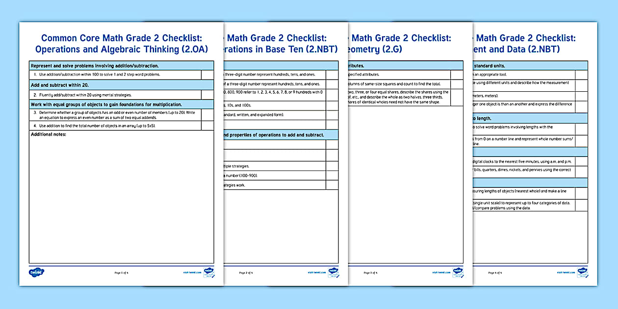 Common Core Math Second Grade Standards Checklist - Twinkl