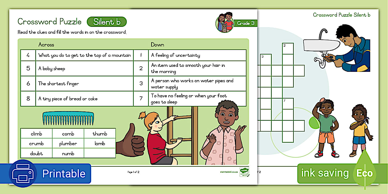 Grade 3 Phonics Crossword Puzzle silent b (teacher made)