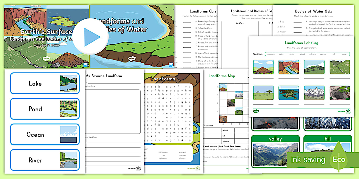 Landforms and Bodies of Water Worksheets PDF (teacher made)