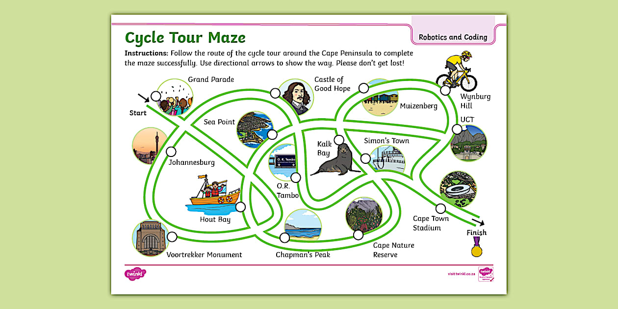 Foundation Phase - Coding Worksheet: Cycle Tour - Twinkl