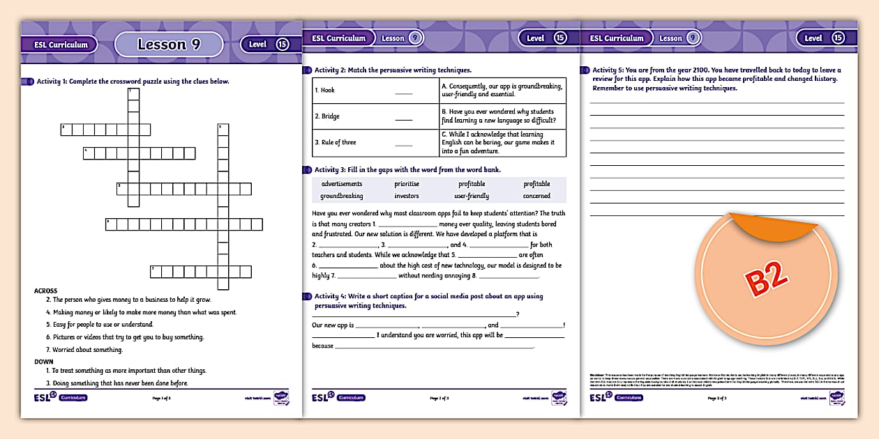 ESL Curriculum Level 15 Lesson 9 Activity Sheet