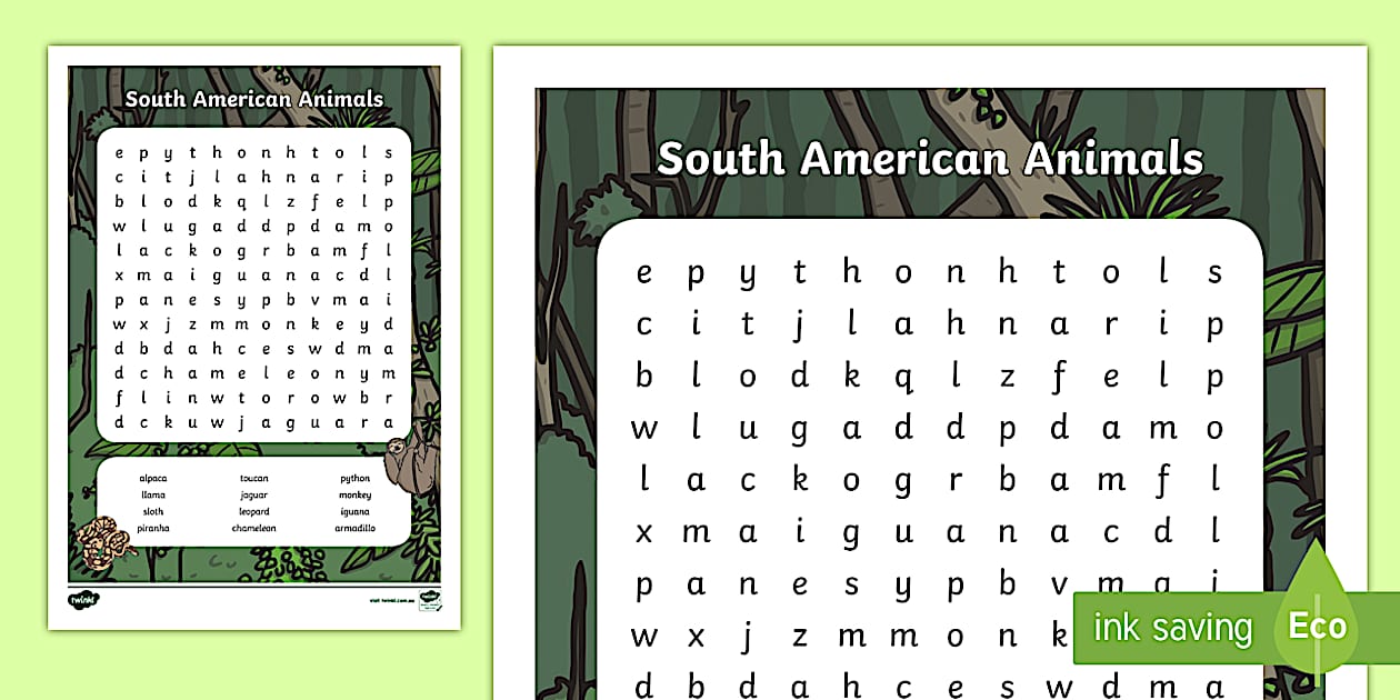 SA South American Animals Word Search (teacher made)