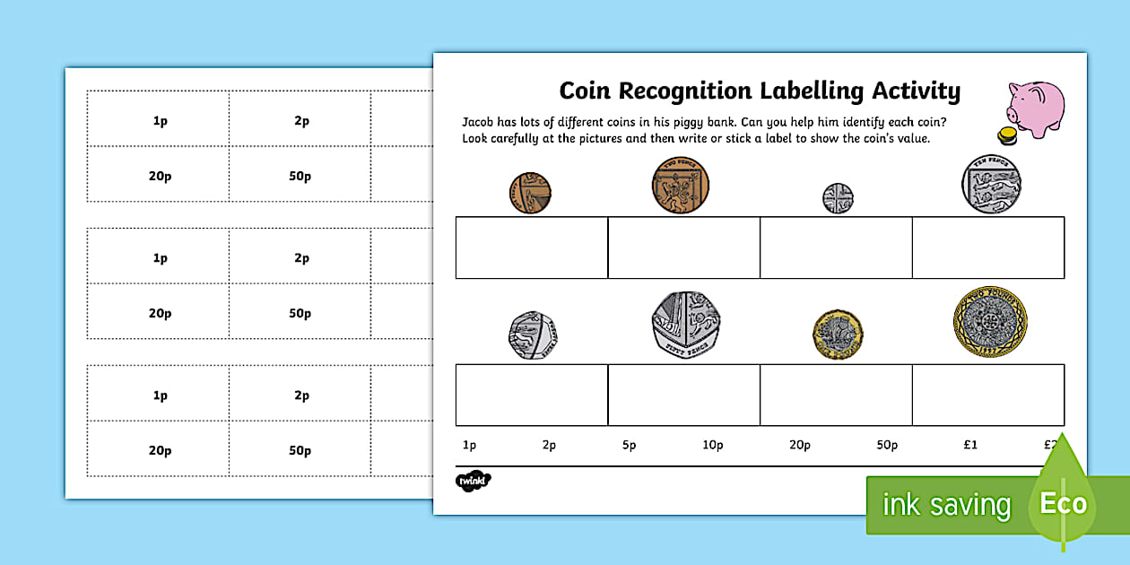 Coin Recognition Labelling Worksheet Primary Resources