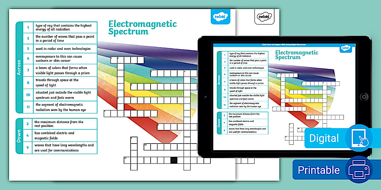 Electromagnetic Spectrum Crossword for 6th 8th Grade