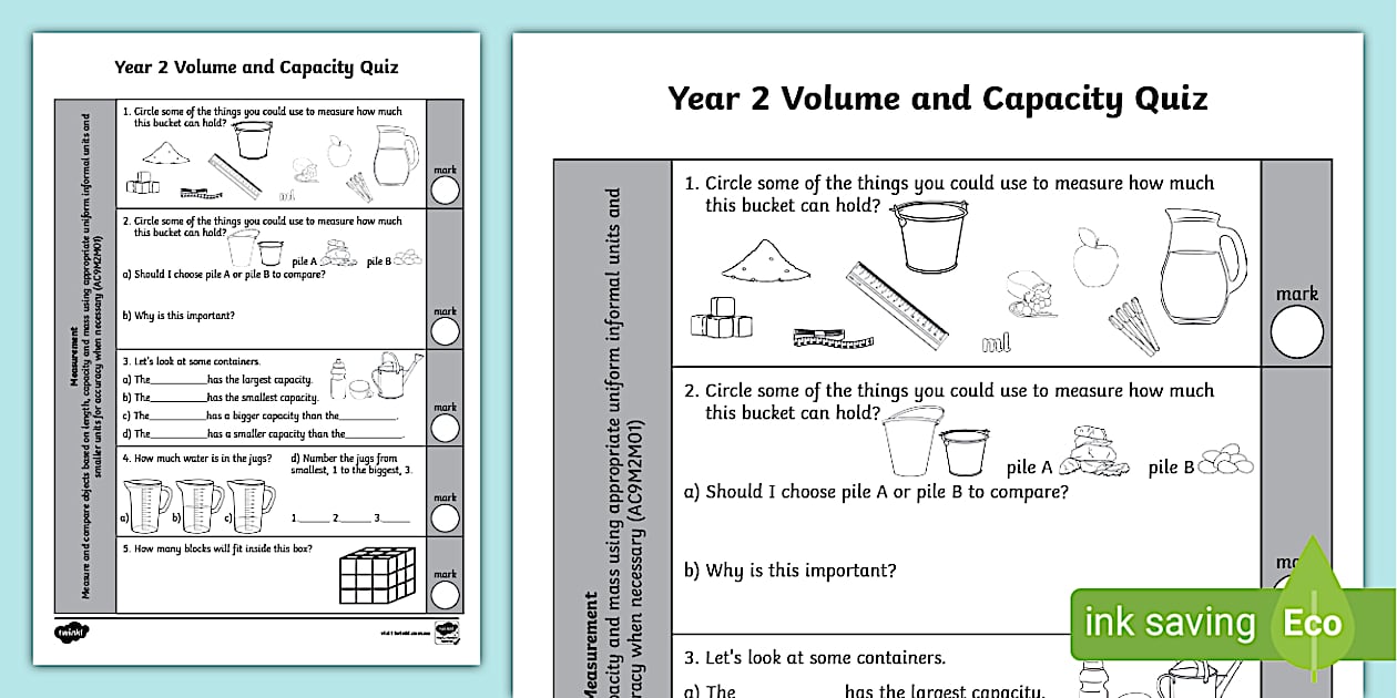 Year 2 Volume and Capacity Assessment Sheet - Twinkl