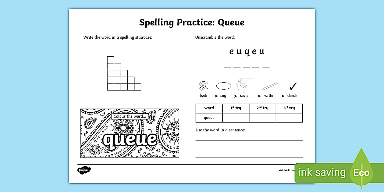 Queue Spelling Practice Worksheet (teacher made) - Twinkl