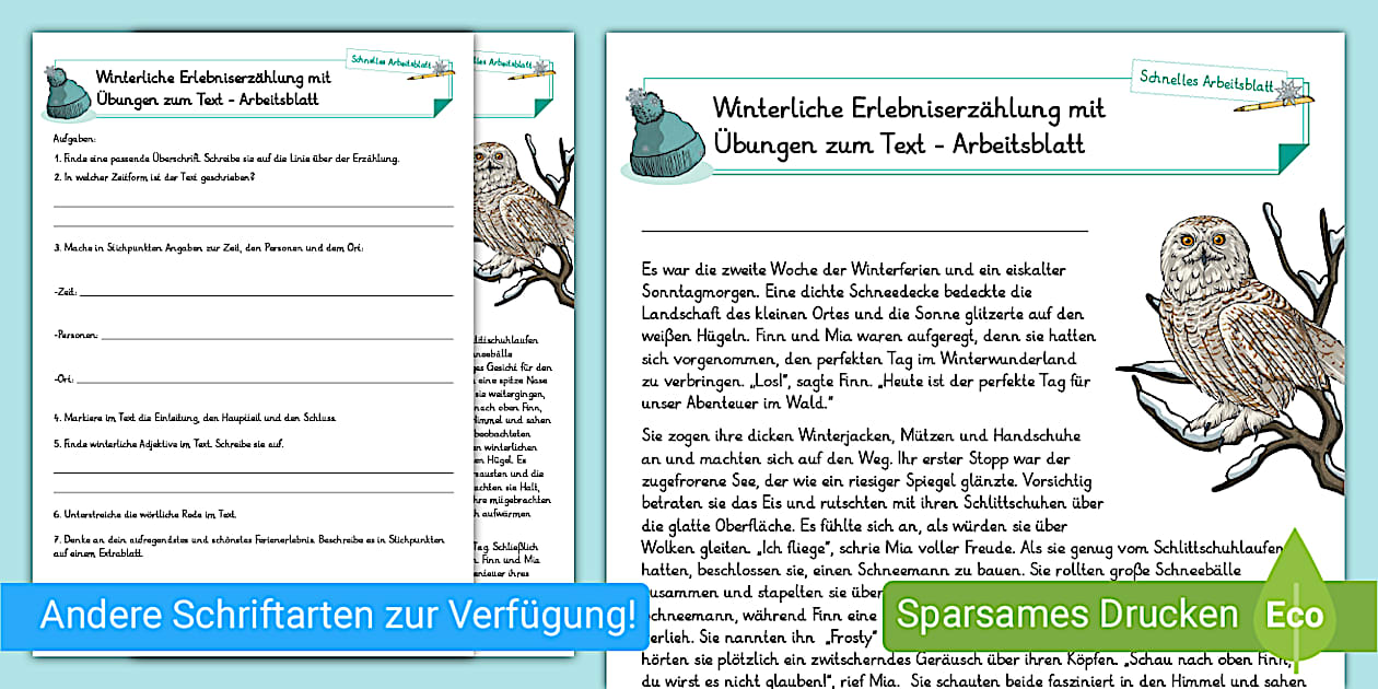 Winterliche Erlebniserzählung mit Übungen zum Text - Arbeitsblatt