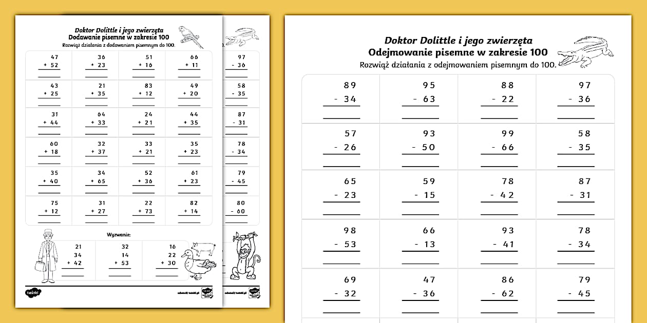 Doktor Dolittle | Dodawanie i odejmowanie pisemne do 100