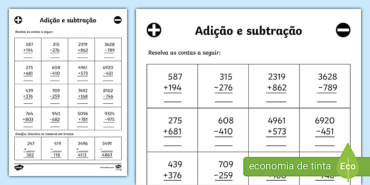 Atividade de Matemática para o 4º Ano com Adição e Subtração
