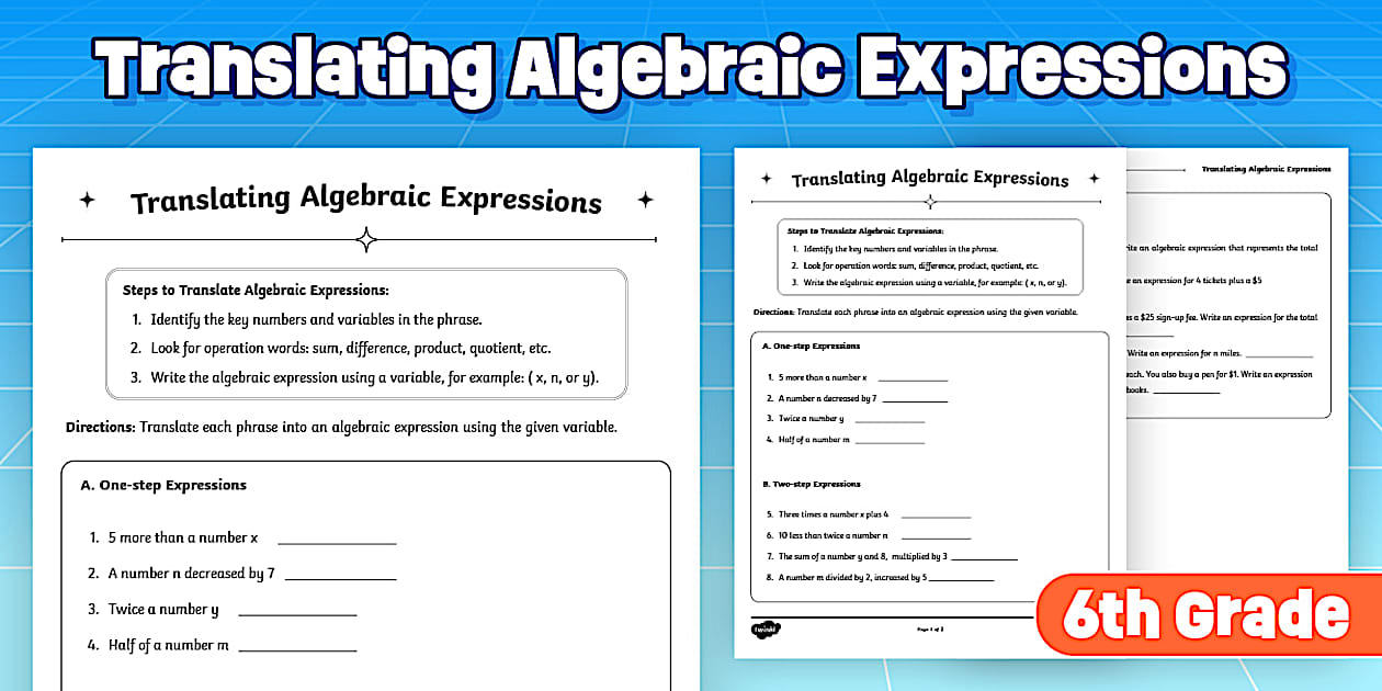 Math Basic Skill Translating Algebraic Expressions Worksheet
