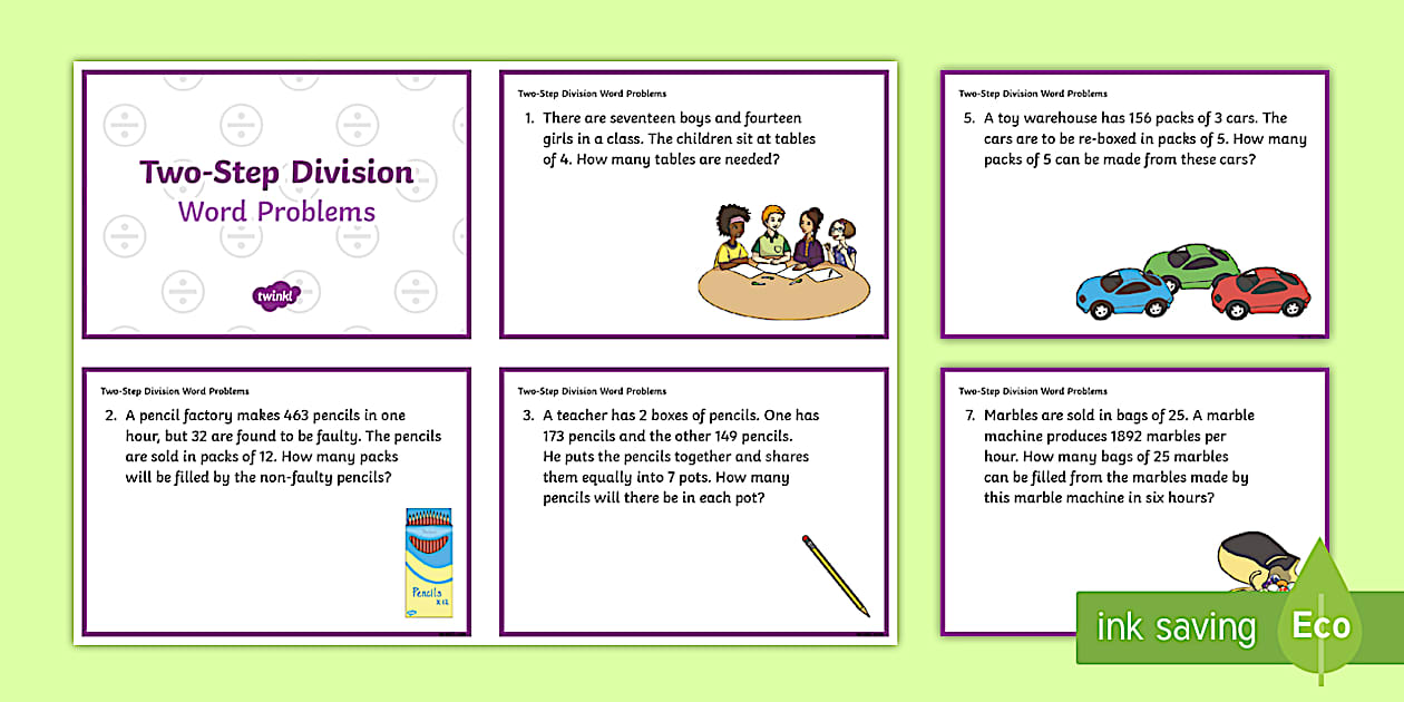 Editable KS2 Two-Step Division Word Problems Maths Challenge Cards