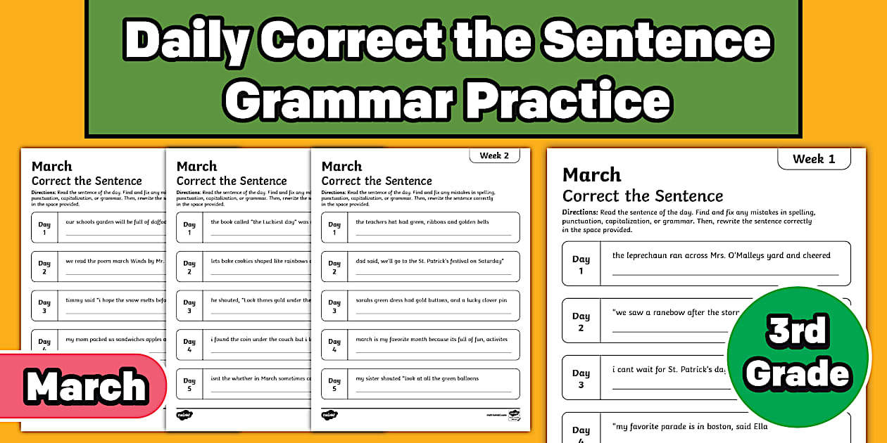 Third Grade March Daily Correct the Sentence Grammar