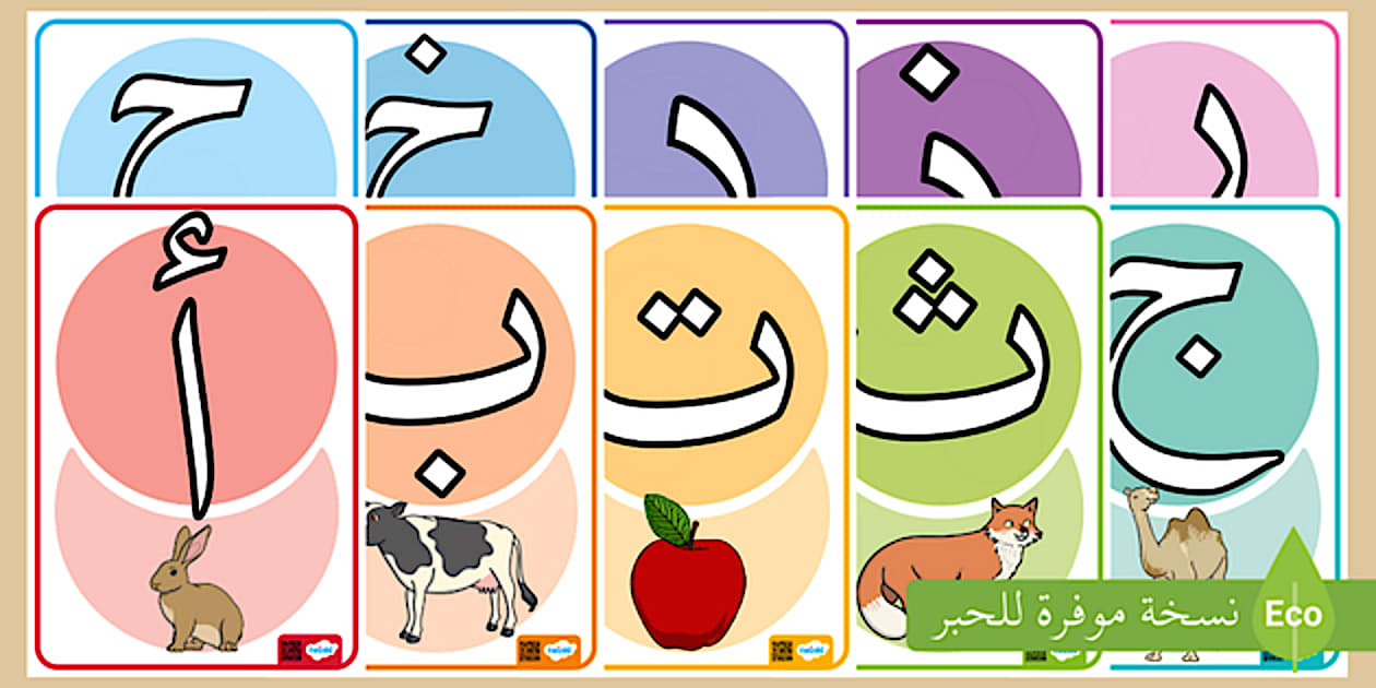 بطاقات الحروف العربية مع الصور الجاهزة للطباعة من توينكل